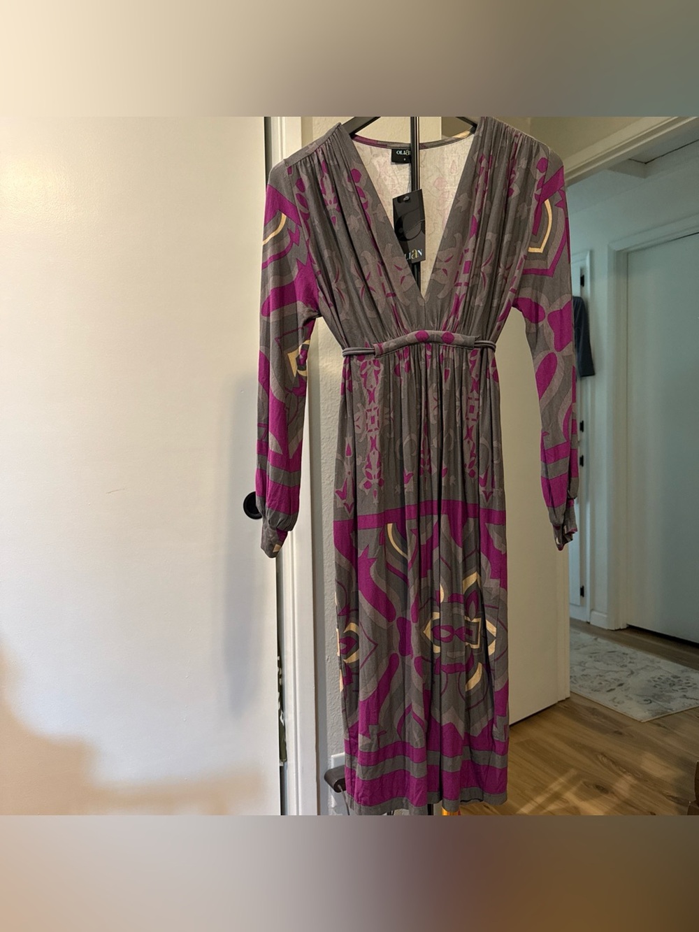 Olian Gray, Magenta and Gold V-Neck Long Sleeve Midi Dress